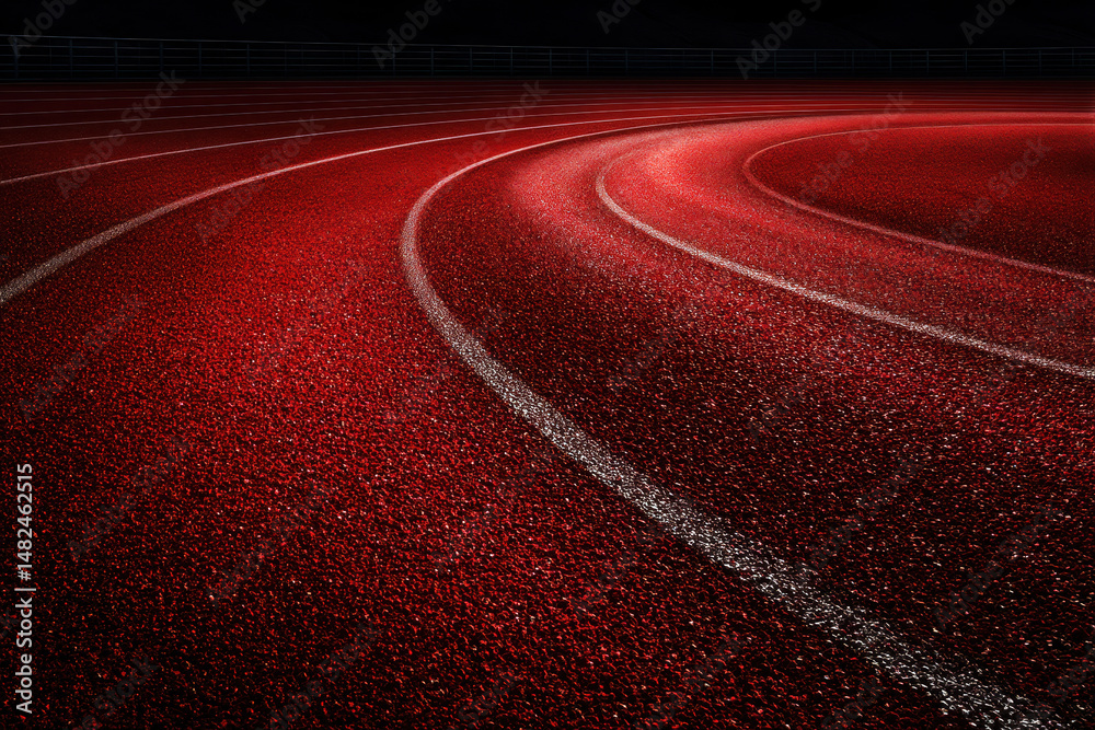 A stunning close-up of a red athletic track, featuring smooth curves and bright lighting.
