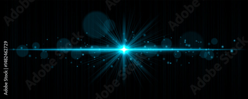 Vibrant light flare with glowing rays and soft bokeh particles on black background. Stylish horizontal vector glow effect for digital highlights and cinematic designs.