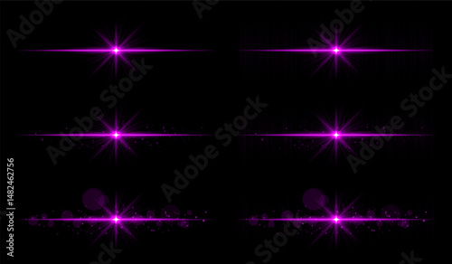 Light burst set. Purple glowing rays with sharp beams and horizontal flare. Clean composition with strong central point, perfect for energy or magic theme.