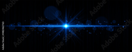 Vibrant light flare with glowing rays and soft bokeh particles on black background. Stylish horizontal vector glow effect for digital highlights and cinematic designs.