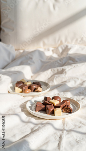 Elegant chocolate selection on soft bedding, indulgent comfort