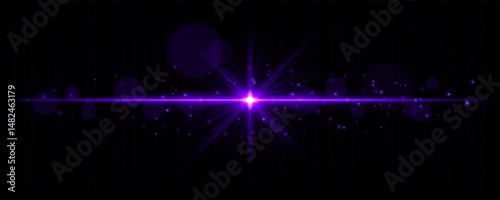 Vibrant light flare with glowing rays and soft bokeh particles on black background. Stylish horizontal vector glow effect for digital highlights and cinematic designs.