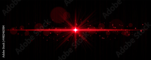 Vibrant light flare with glowing rays and soft bokeh particles on black background. Stylish horizontal vector glow effect for digital highlights and cinematic designs.