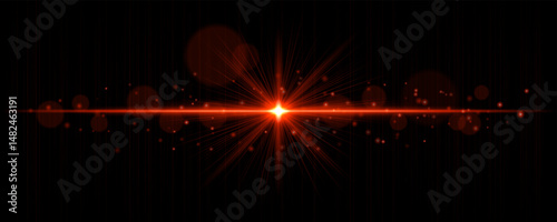 Vibrant light flare with glowing rays and soft bokeh particles on black background. Stylish horizontal vector glow effect for digital highlights and cinematic designs.