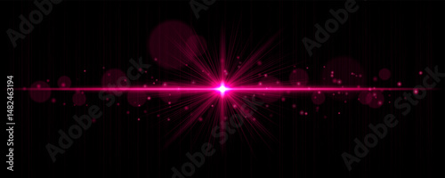 Vibrant light flare with glowing rays and soft bokeh particles on black background. Stylish horizontal vector glow effect for digital highlights and cinematic designs.