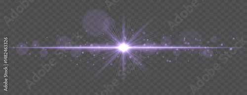 Light flare with horizontal glow rays and soft bokeh sparkles on transparent background. Elegant vector effect for festive, cinematic, or digital design.