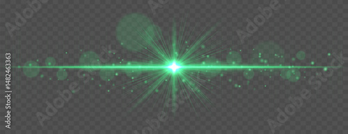 Light flare with horizontal glow rays and soft bokeh sparkles on transparent background. Elegant vector effect for festive, cinematic, or digital design.