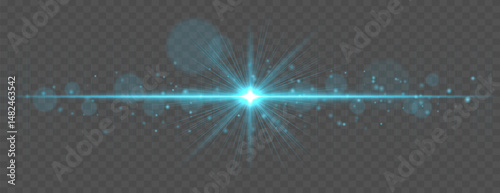 Light flare with horizontal glow rays and soft bokeh sparkles on transparent background. Elegant vector effect for festive, cinematic, or digital design.