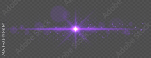 Light flare with horizontal glow rays and soft bokeh sparkles on transparent background. Elegant vector effect for festive, cinematic, or digital design.