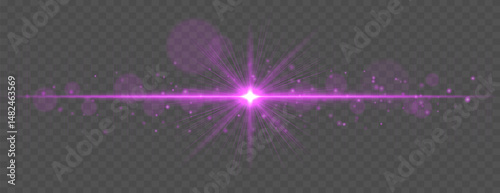 Light flare with horizontal glow rays and soft bokeh sparkles on transparent background. Elegant vector effect for festive, cinematic, or digital design.