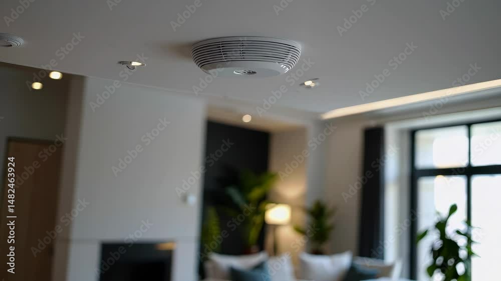 Interior ceiling-mounted smoke detector blinking with red light in modern living room, home safety and fire protection animation loop
