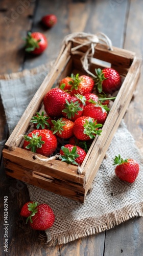 Ripe Red Strawberries in Rustic Wooden Crate