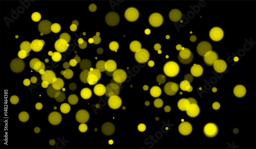 Yellow bokeh background with soft glowing circles on dark backdrop. Gentle light blur effect for abstract, futuristic, or festive vector designs and overlays.
