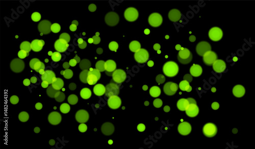 Green bokeh background with soft glowing circles on dark backdrop. Gentle light blur effect for abstract, futuristic, or festive vector designs and overlays.
