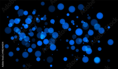 Blue bokeh background with soft glowing circles on dark backdrop. Gentle light blur effect for abstract, futuristic, or festive vector designs and overlays.