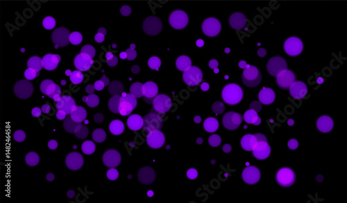Purple bokeh background with soft glowing circles on dark backdrop. Gentle light blur effect for abstract, futuristic, or festive vector designs and overlays.