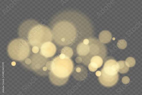 Bokeh background with soft glowing circles on transparent backdrop. Gentle blur light effect for romantic, abstract, or decorative vector design and overlays.