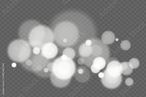 Bokeh background with soft glowing circles on transparent backdrop. Gentle blur light effect for romantic, abstract, or decorative vector design and overlays.
