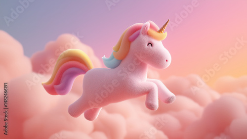 Fluffy Pink unicorn jumping in the clouds background