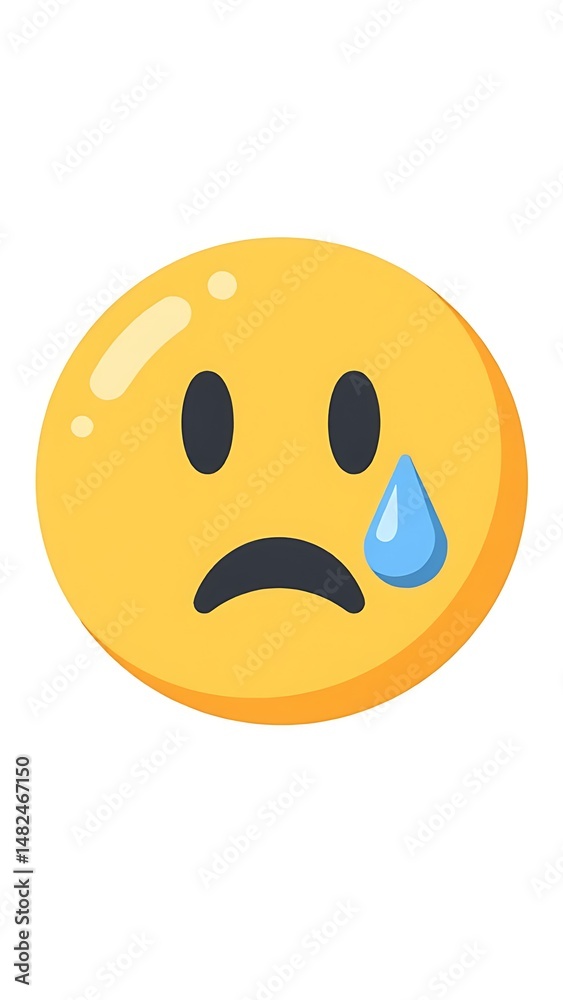 Fototapeta premium Yellow emoji with single tear and thoughtful somber expression