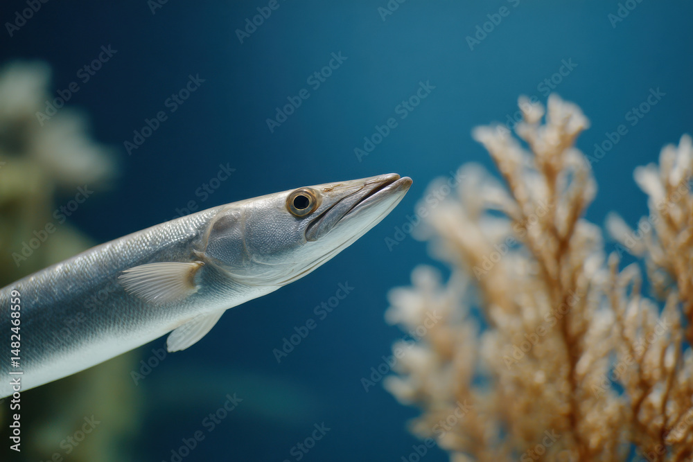 Fototapeta premium dynamic portrait of barracuda silhouette on left side random emotion in motion