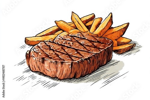 Grilled Steak  Fries Delicious HandDrawn Illustration.