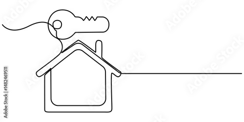 house with a key continuous one line drawing, Key with house continuous one line art drawing. Private security symbol. Real estate concept. Vector illustration isolated on white.                     