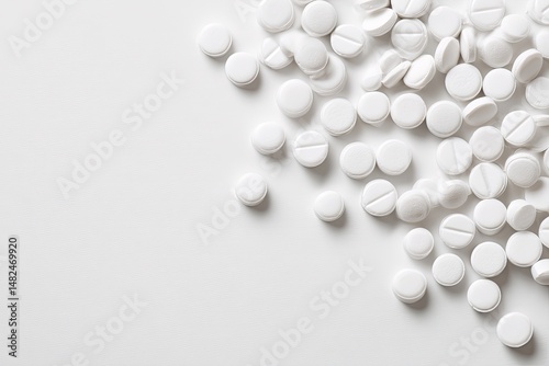 Scattered white pills on a white surface (1)