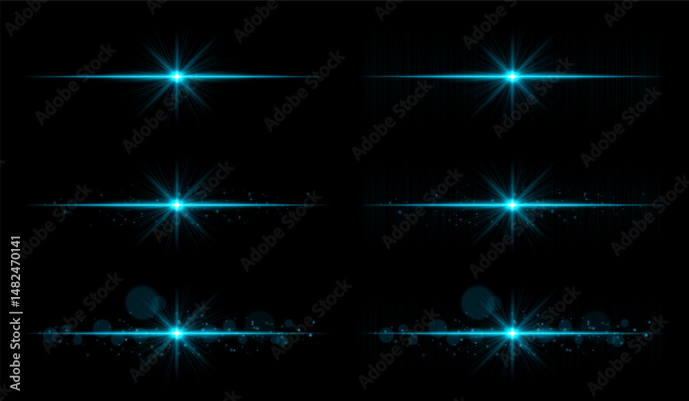 Light burst set. Blue glowing rays with sharp beams and horizontal flare. Clean composition with strong central point, perfect for energy or magic theme. Light burst set. Blue glowing rays with sharp beams and horizontal flare. Clean composition with strong central point, perfect for energy or magic theme.