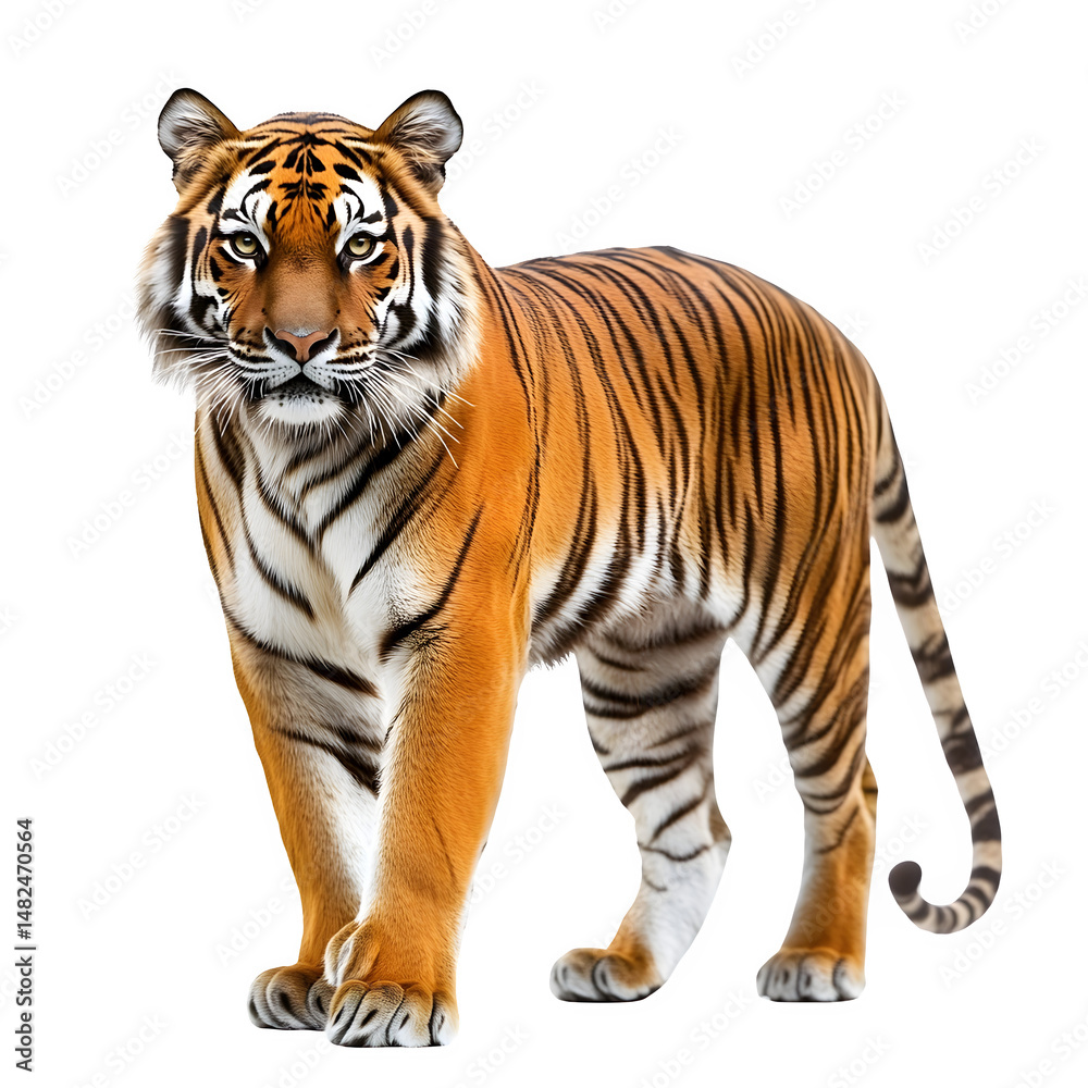Obraz premium Majestic tiger walking in the wild , A powerful tiger with vivid orange and black stripes, confidently walking, symbolizing strength and beauty in nature. 