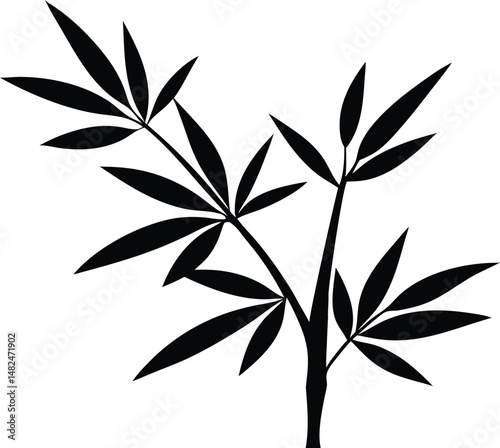 Bamboo branch with leaves silhouette vector illustration.