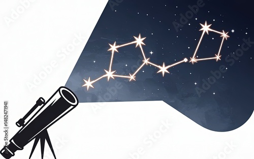 Cosmic Gaze: A detailed illustration of a telescope aimed at a constellation, representing a voyage of discovery and the mysteries of the universe.