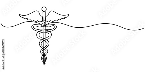 Medical symbol caduceus. Continuous one line art drawing of Vector illustration, Single continuous line drawing caduceus, medical center, pharmacy, hospital with popular symbol of medicine. Medical. 