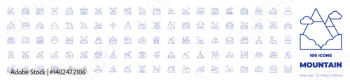 100 Mountain Icons Collection. Thin line icon. Editable stroke. sunset, canyon, landscape, volcano, river, hill, mountain, mountains, road trip, land, lake, rock, fuji