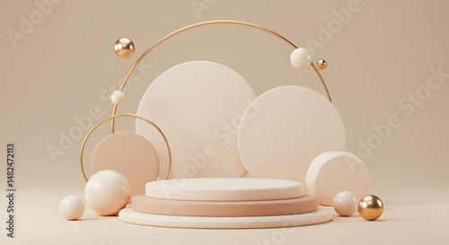 Abstract display of neutral beige and gold geometric shapes in a studio setting. Minimalist, modern, and empty podiums and circles are ideal for showcasing products.