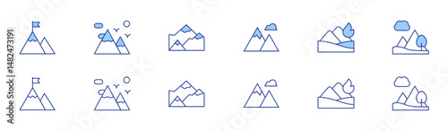 Mountain icon set in two styles, Duotone and Thin Line style. Editable stroke. goal, mountains, mountain