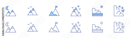 Mountain icon set in two styles, Duotone and Thin Line style. Editable stroke. mountain, mountains, success, avalanche