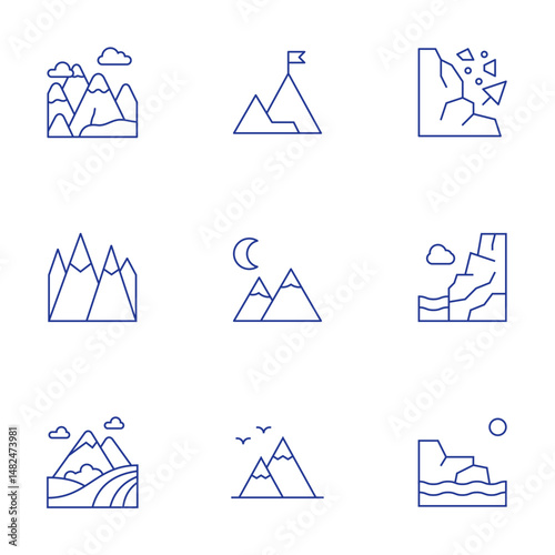 Mountain icons set. Thin Line style, editable stroke. avalanche, mountain, mountains, success, andes