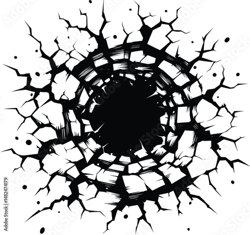 White wall with slight crack, simple black outline vector silhouette on white background in centre


