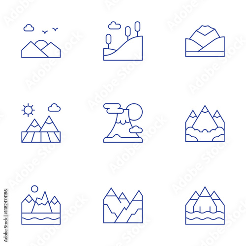 Mountain icons set. Thin Line style, editable stroke. sunset, hill, field, mountain, mountains, mountainous