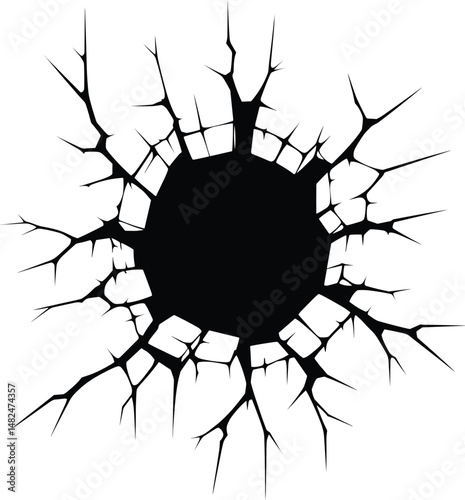 White wall with slight crack, simple black outline vector silhouette on white background in centre

