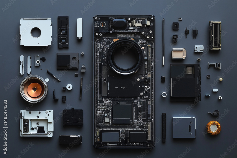 Obraz premium Smartphone disassembled components flatlay view showing internal parts and circuitry