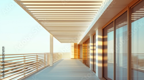 Pergola over the terrace of a luxury house with view to the blue sea and sky