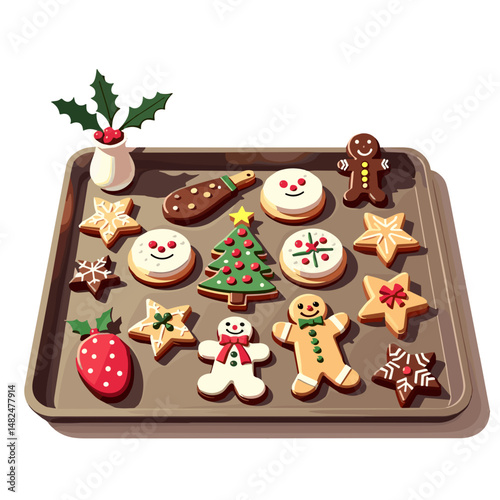 Festive tray with decorated Christmas cookies for the holiday season  