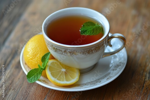 Red tea in glass mug with lemon slice