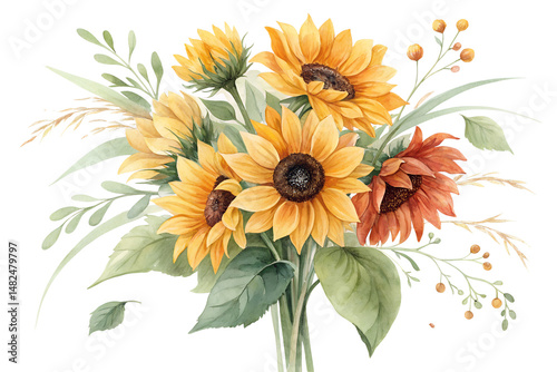 Watercolor Sunflower Bouquet Isolated on Transparent Background