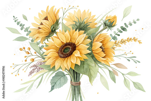 Watercolor Sunflower Bouquet Isolated on Transparent Background