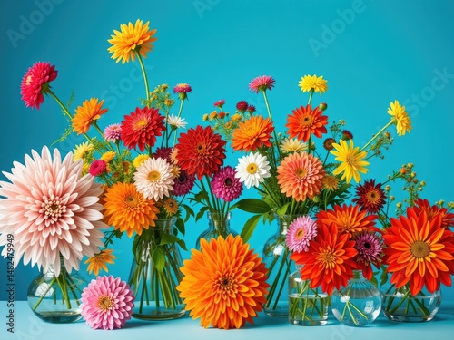 Colorful Floral Arrangement in Glass Vases Against a Blue Background