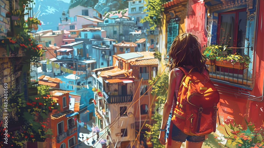 Obraz premium A tourist with a backpack looking at the colorful buildings of a hillside town in italy art