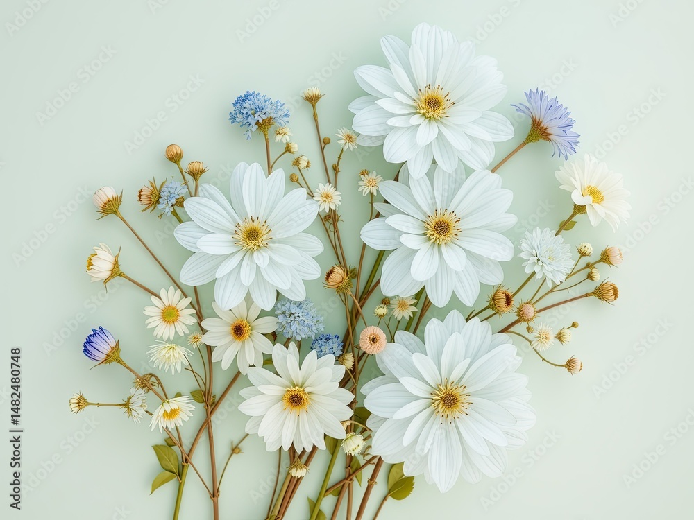 Obraz premium Delicate Light Blue Flowers on Mint Green Background - Spring Theme